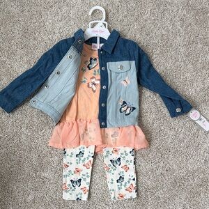 Little Lass Girls Peach Butterfly Dress & Denim Jacket Set